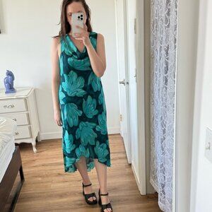 Vintage 90s Jessica Floral Midi Hi Lo Midi Dress Teal Fairy Mermaid M